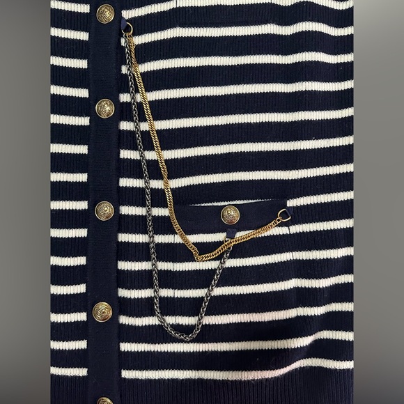 NWT The Kooples Striped Wool Cardigan Size 2 M Navy Cream Chain Oversized - Picture 9 of 14
